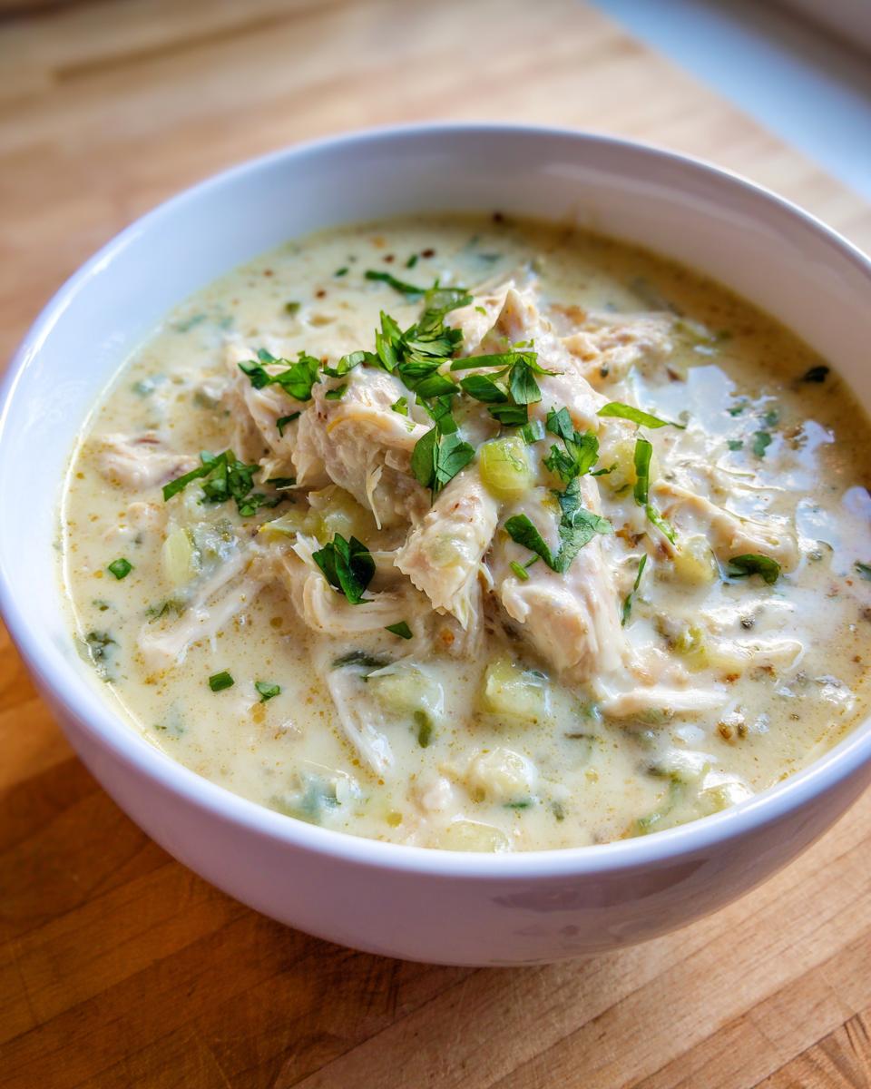 A close-up of a creamy bowl of keto white chicken chili topped with shredded chicken and fresh parsley.