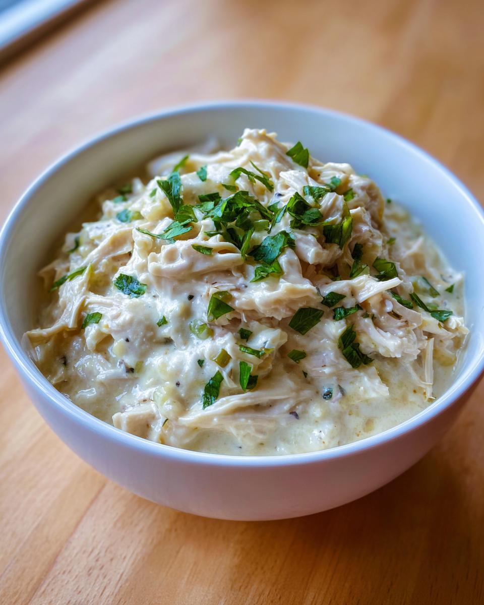 A close-up of a white bowl filled with creamy keto white chicken chili, topped with fresh chopped parsley.