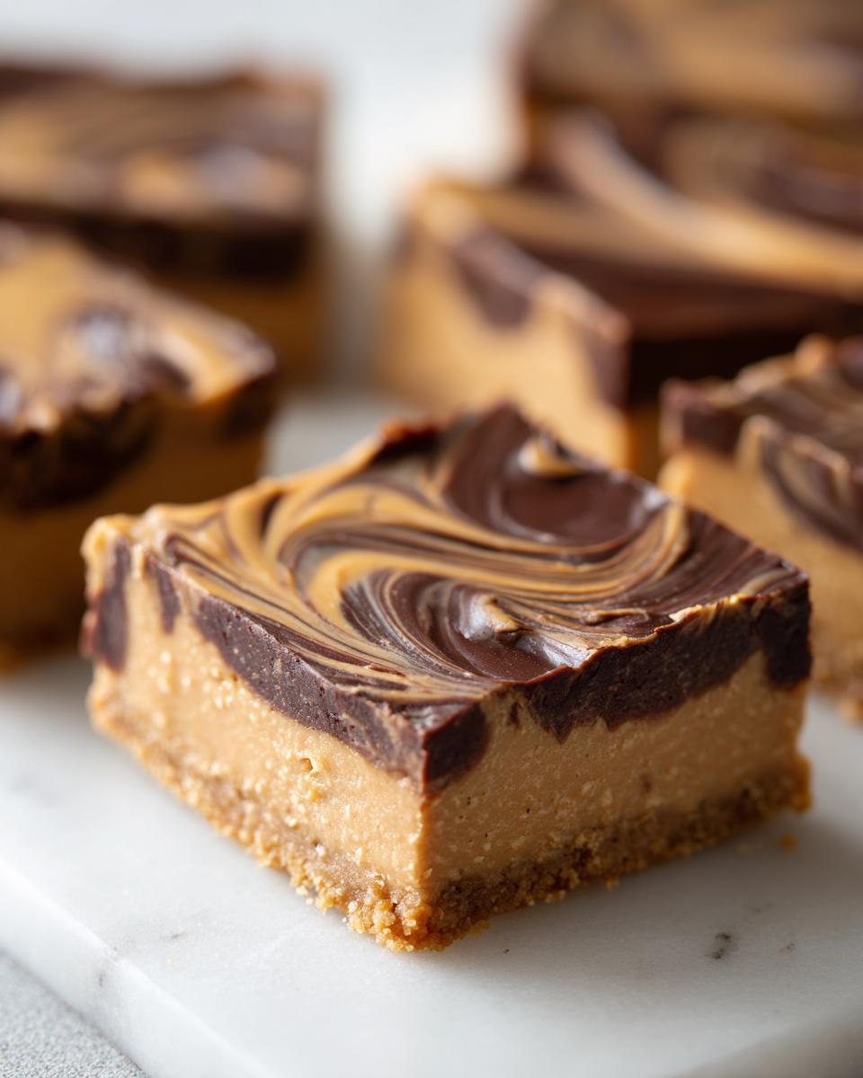 A close-up, square piece of creamy peanut butter bars resting on a white marble surface, topped with a chocolate swirl.