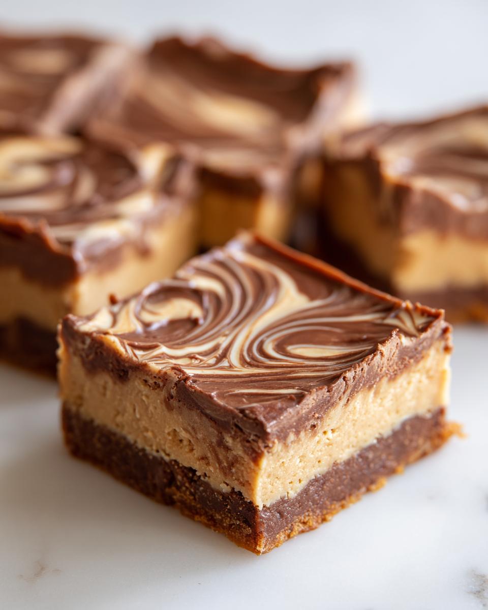 A single, thick square of creamy peanut butter bars showing three distinct layers and a chocolate swirl topping.