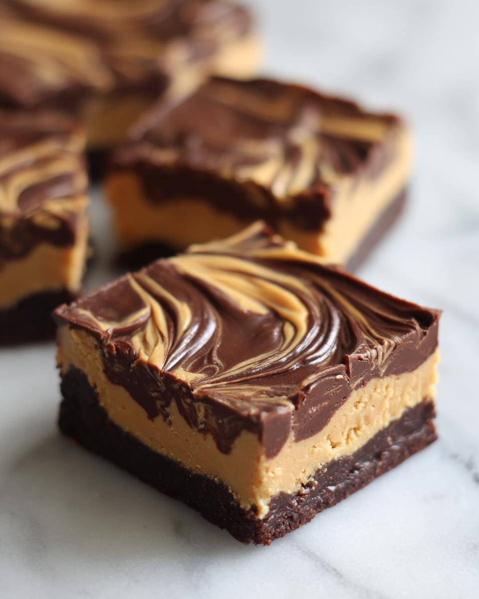 A single square of decadent peanut butter bars featuring a dark chocolate base, thick peanut butter layer, and swirled chocolate topping.