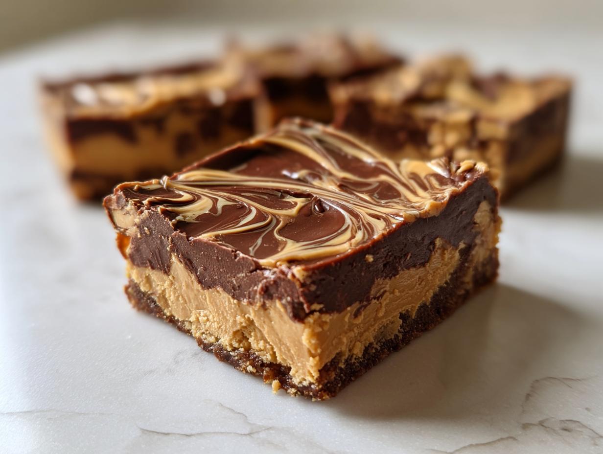 A close-up view of a thick, layered peanut butter bars square featuring a chocolate topping swirled with peanut butter.