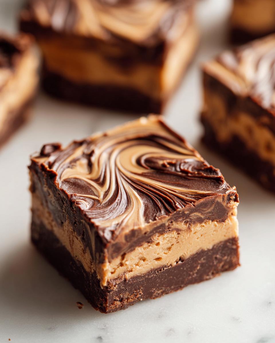 A single, thick square of peanut butter bars featuring a dark chocolate base, creamy peanut butter layer, and a marbled chocolate swirl topping.