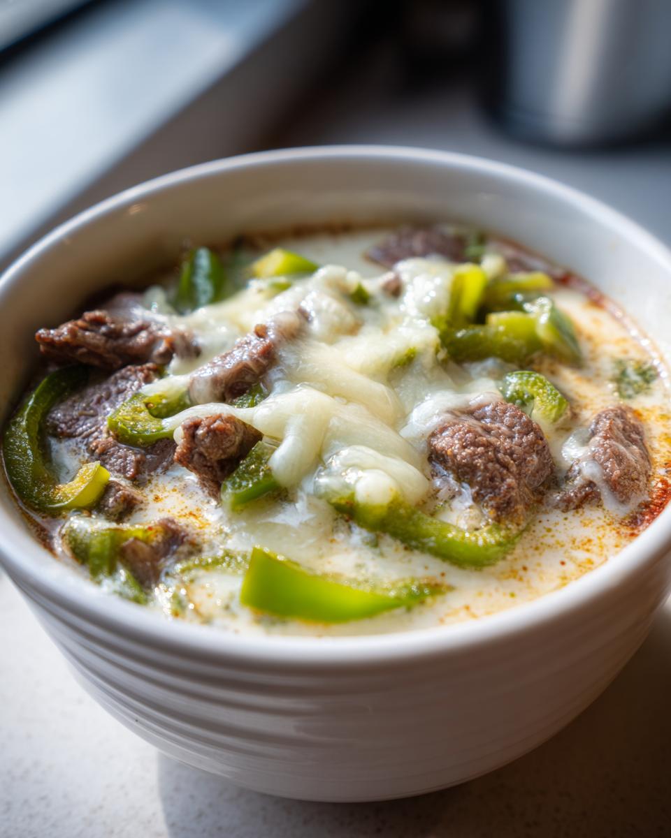 Close-up of a bowl of creamy philly cheese steak soup topped with melted white cheese, steak pieces, and green peppers.