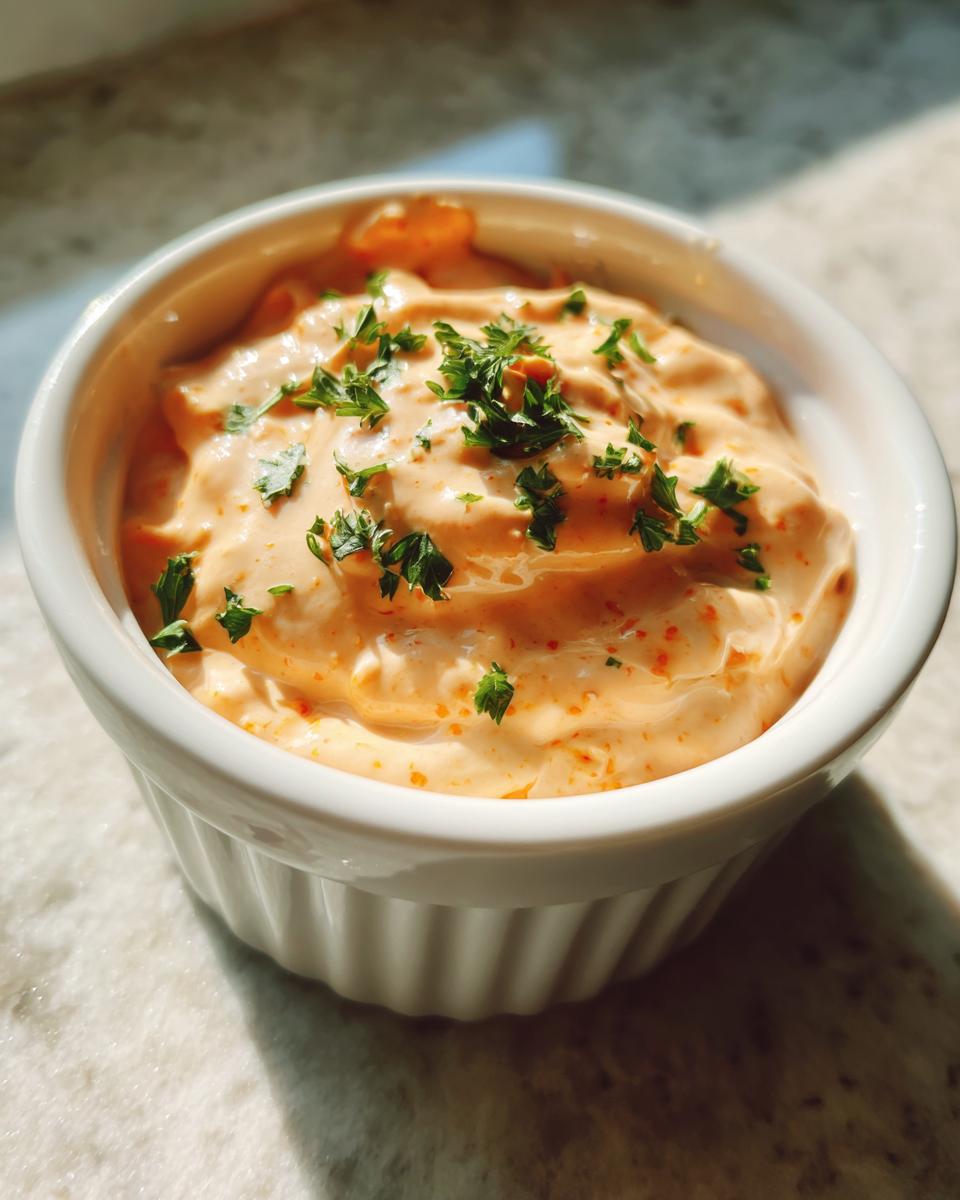 Close-up of a small white bowl filled with creamy, orange-tinted remoulade sauce, garnished with fresh parsley.