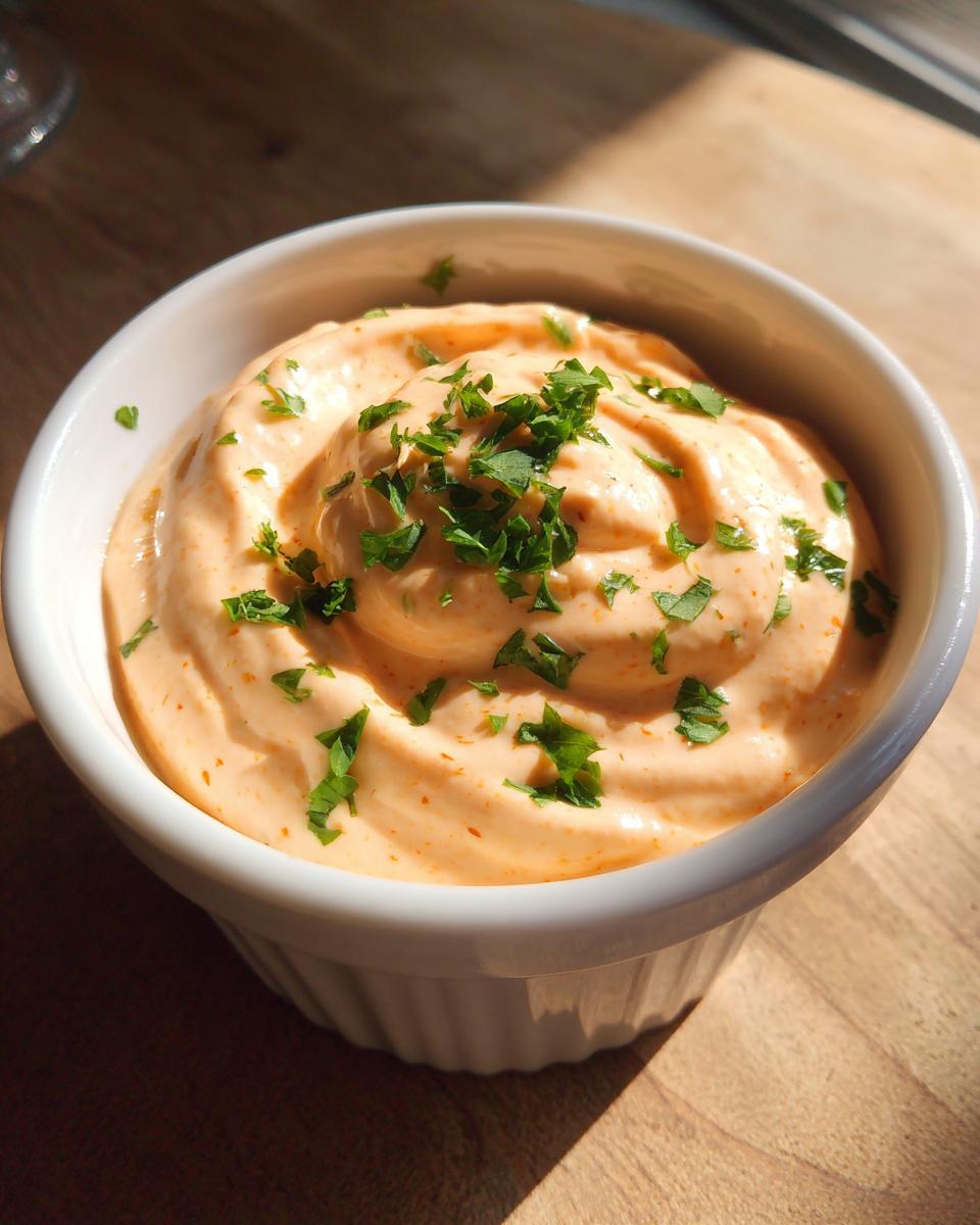 A close-up of creamy, orange-hued remoulade sauce topped with fresh chopped parsley in a small white bowl.
