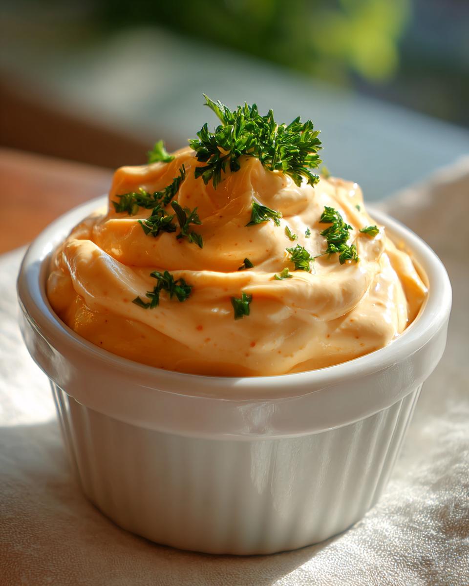 Close-up of a swirl of creamy orange remoulade sauce topped with fresh parsley in a white dipping bowl.