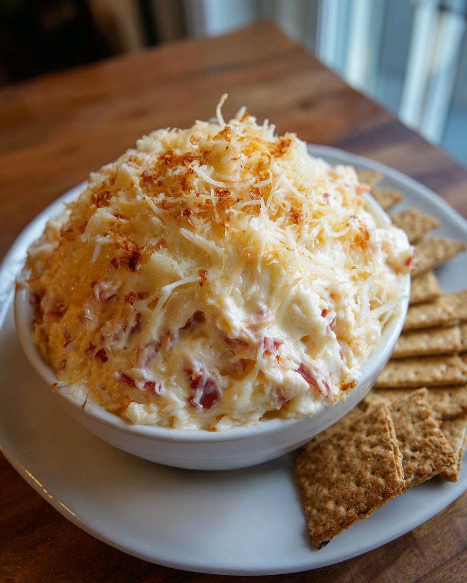 A bowl of hot, creamy reuben dip topped with shredded, slightly browned cheese, served with whole-grain crackers.