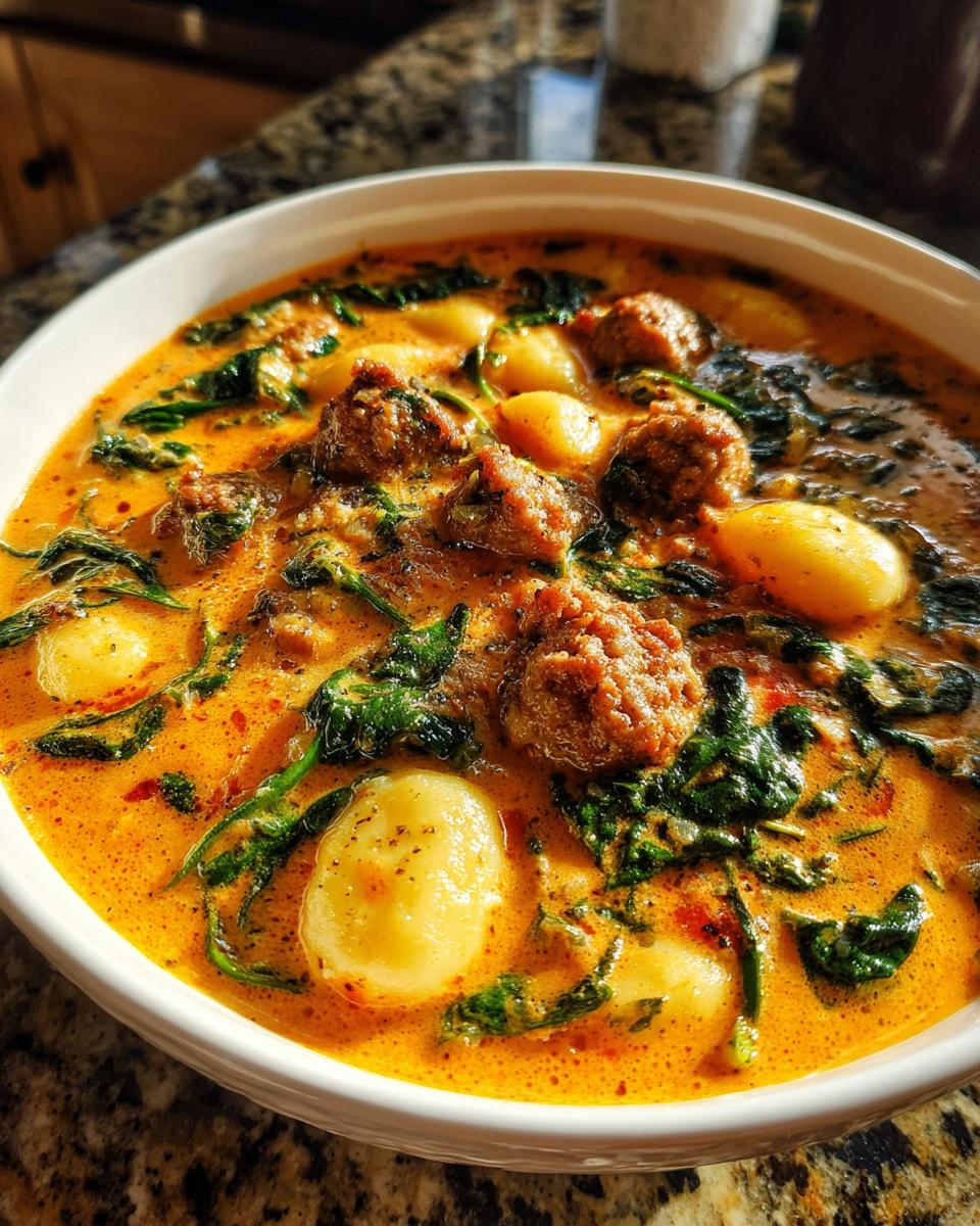 Close-up of a bowl of creamy, orange-hued sausage gnocchi soup with chunks of sausage and wilted spinach.