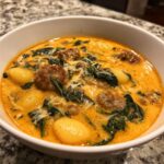 Close-up of a white bowl filled with creamy, orange-hued sausage gnocchi soup, featuring chunks of sausage and wilted spinach.