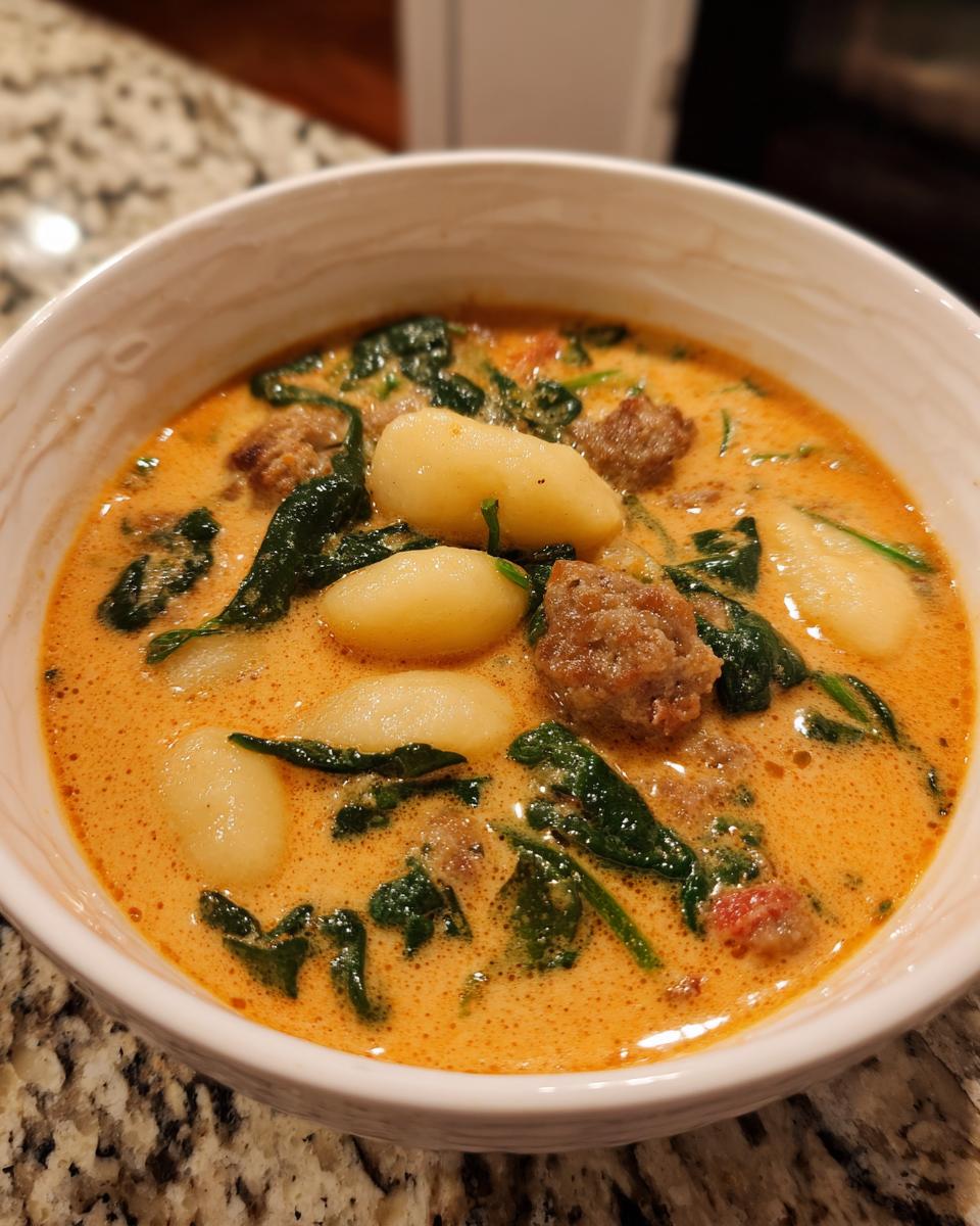A close-up of a hearty bowl of creamy sausage gnocchi soup with spinach and visible gnocchi dumplings.