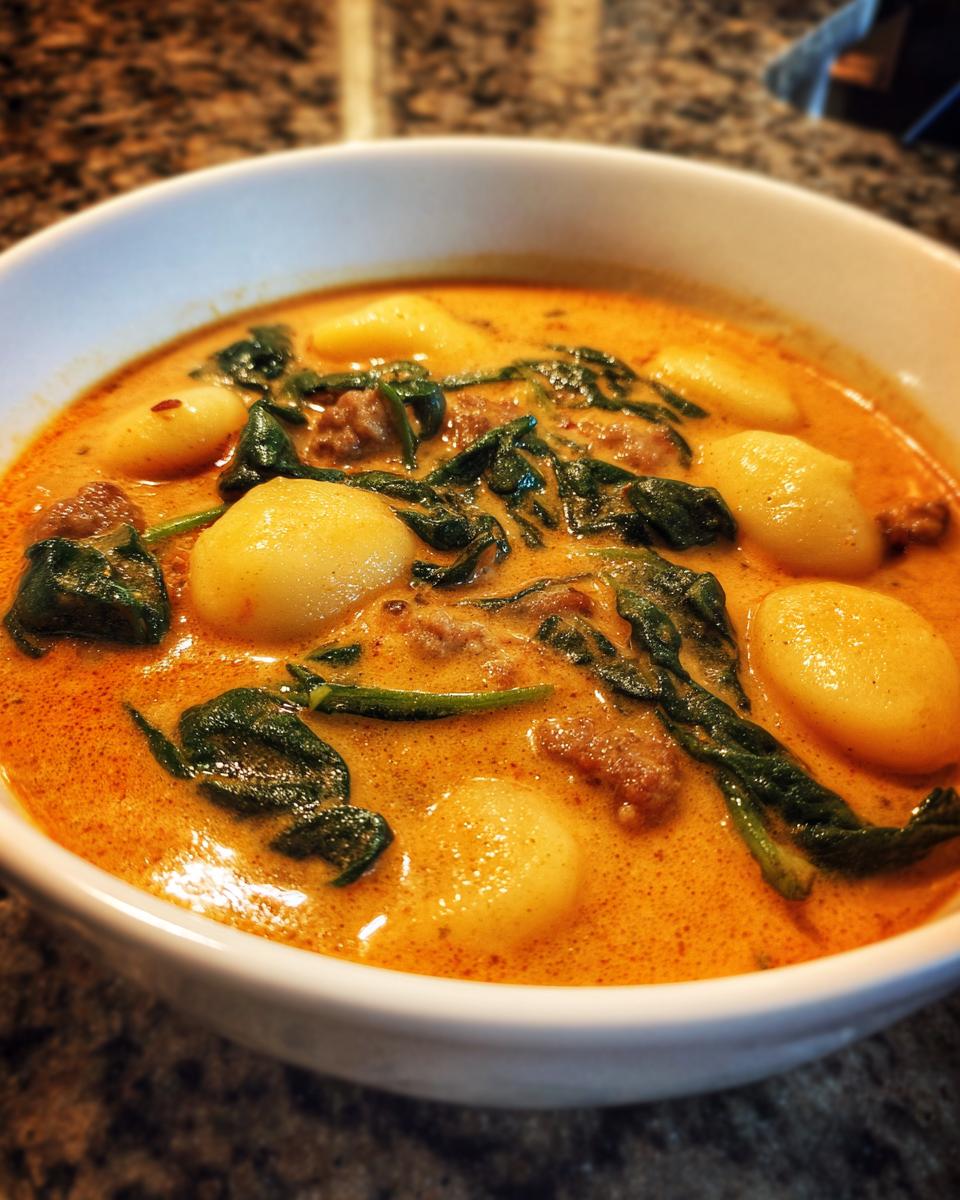 Close-up of a hearty bowl of creamy sausage gnocchi soup featuring plump gnocchi and wilted spinach.