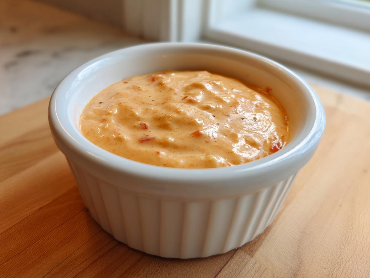 A close-up of creamy, orange-hued smash burger sauce with visible red pepper flakes in a white fluted ramekin.