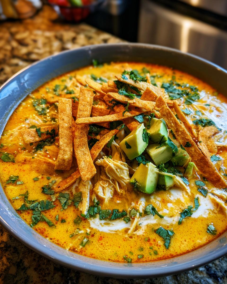 Close-up of a bowl of creamy tortilla soup topped with shredded chicken, crispy tortilla strips, avocado chunks, and cilantro.