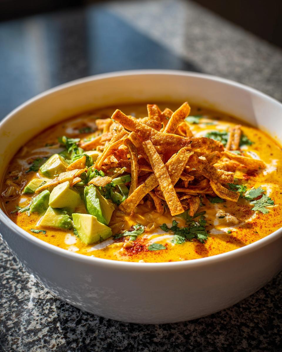 A close-up of a bowl of creamy tortilla soup garnished with avocado chunks, cilantro, and crispy tortilla strips.