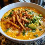 Close-up of a bowl of creamy tortilla soup garnished with crispy tortilla strips, avocado chunks, and cilantro.
