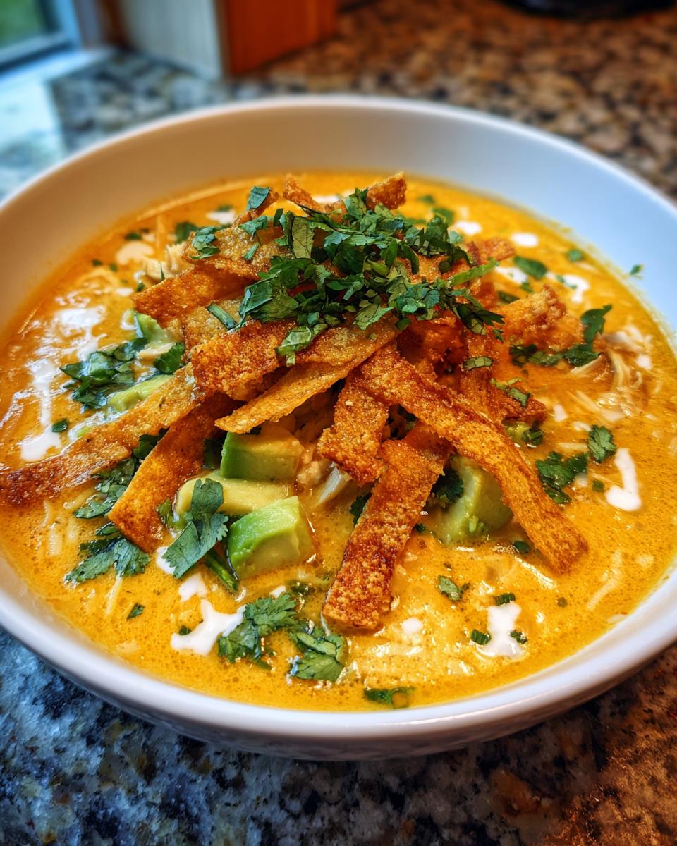 Close-up of creamy tortilla soup in a white bowl, topped with avocado, cilantro, and crispy tortilla strips.
