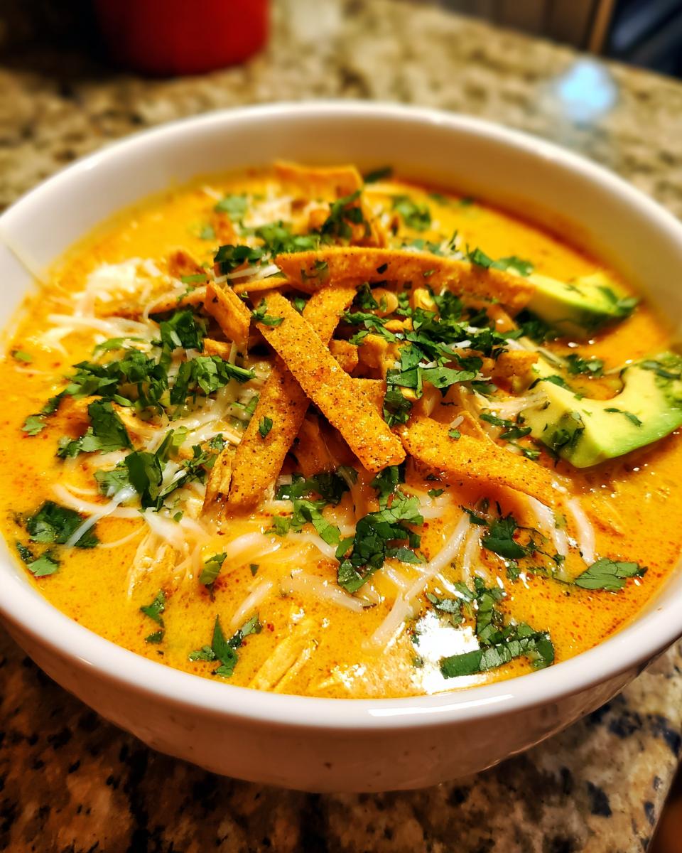 Close-up of a bowl of creamy orange tortilla soup topped with tortilla strips, shredded cheese, avocado slices, and fresh cilantro.