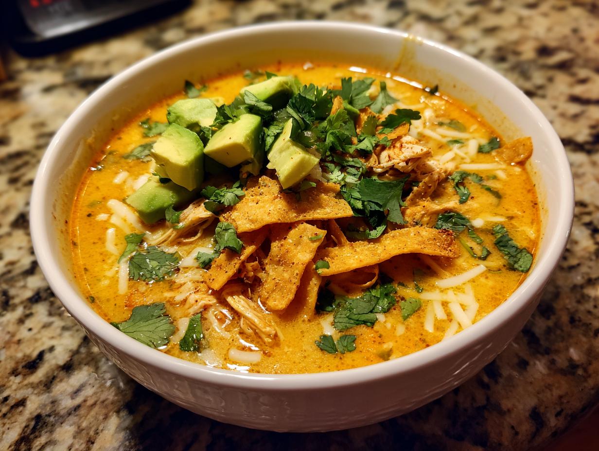 Close-up of a bowl of creamy tortilla soup garnished with avocado cubes, shredded cheese, cilantro, and tortilla strips.