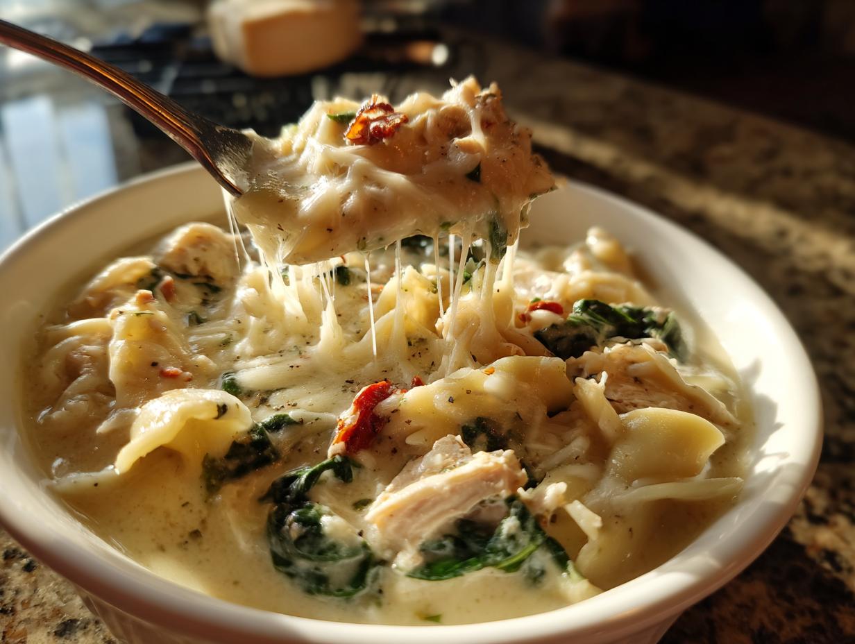 A spoonful of creamy white chicken lasagna soup lifted from a bowl, showing long cheese pulls and chunks of chicken and spinach.