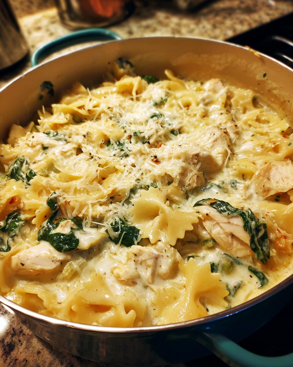 Close-up of creamy white chicken lasagna soup made with bowtie pasta, chicken chunks, and spinach, topped with Parmesan cheese.