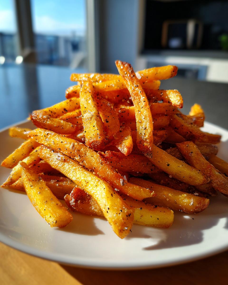 A close-up of a golden pile of seasoned air fryer french fries sprinkled with coarse salt and pepper on a white plate.
