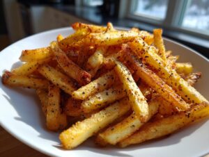 A close-up of a pile of golden, crispy air fryer french fries seasoned heavily with black pepper.