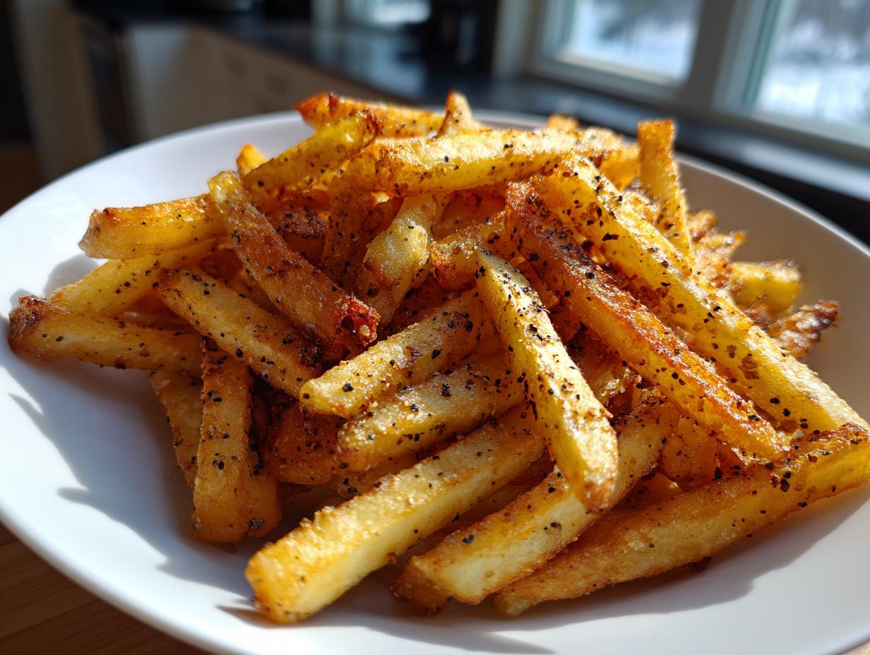 A close-up of a pile of golden, crispy air fryer french fries seasoned heavily with black pepper.