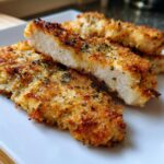 Close-up of juicy baked ranch chicken pieces showing a golden, crispy coating and white interior.
