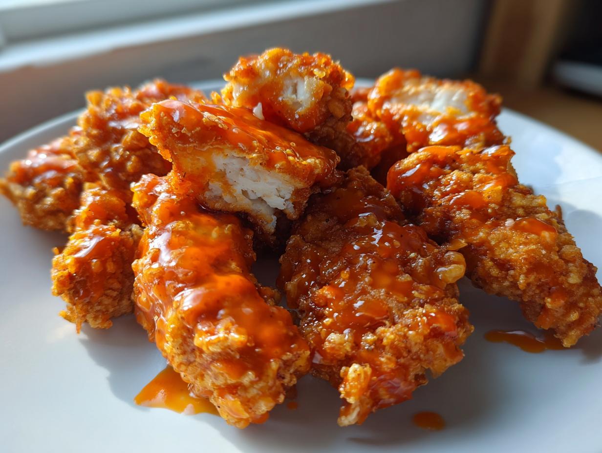 Close-up of crispy fried chicken pieces coated in bright orange Bang Bang chicken sauce on a white plate.