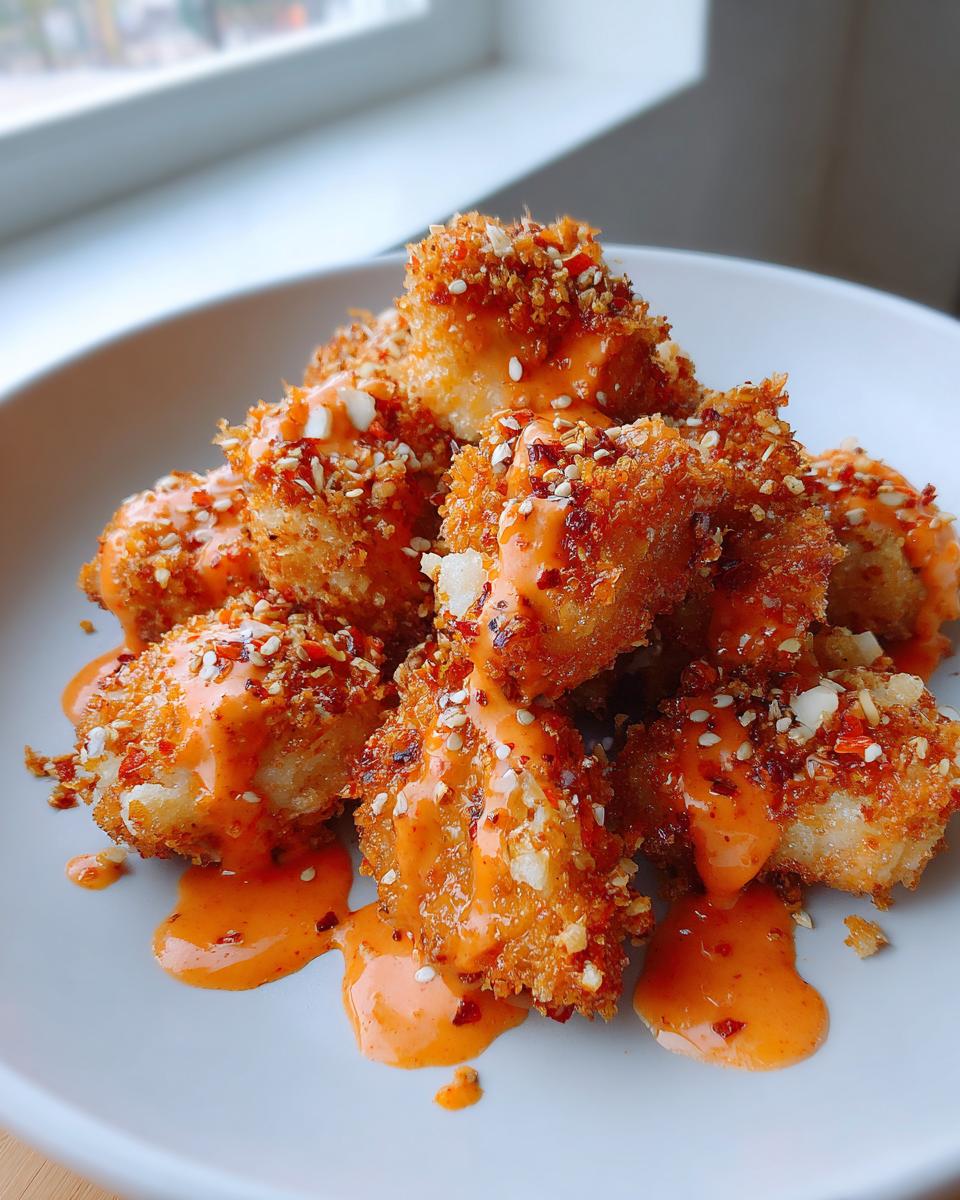 A pile of crispy, golden brown Bang Bang Chicken pieces generously drizzled with a creamy orange sauce and sprinkled with sesame seeds.