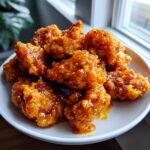 Close-up of crispy, saucy pieces of Bang Bang Chicken piled high on a white plate.