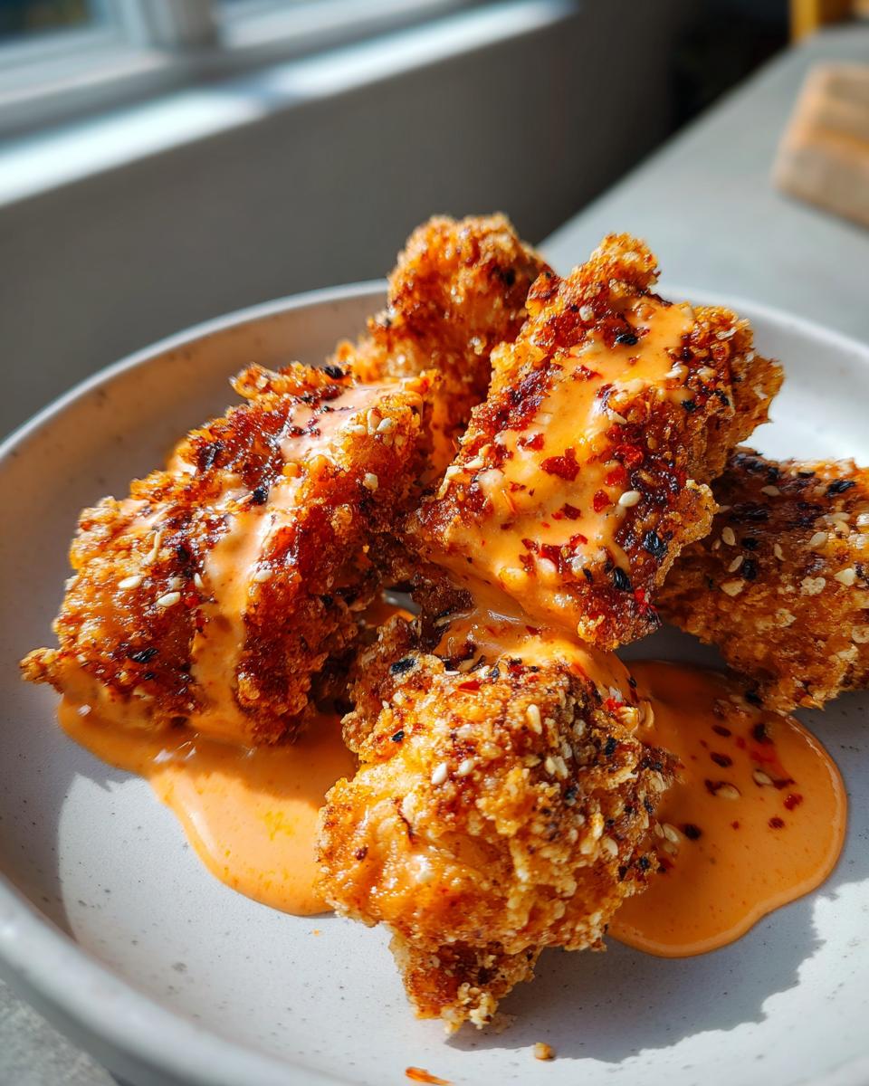 Close-up of crispy, golden brown Bang Bang Chicken pieces generously drizzled with a creamy orange sauce and sprinkled with sesame seeds.