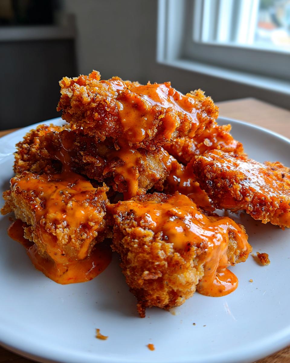 Close-up of crispy fried chicken pieces generously coated in a creamy, orange Bang Bang chicken sauce on a white plate.