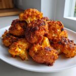 A pile of crispy, bright orange buffalo cauliflower florets served on a white plate.