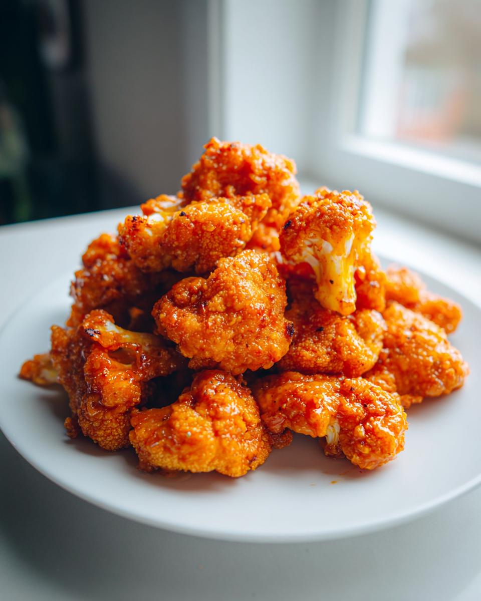 A mound of crispy, bright orange buffalo cauliflower bites piled high on a white plate near a window.