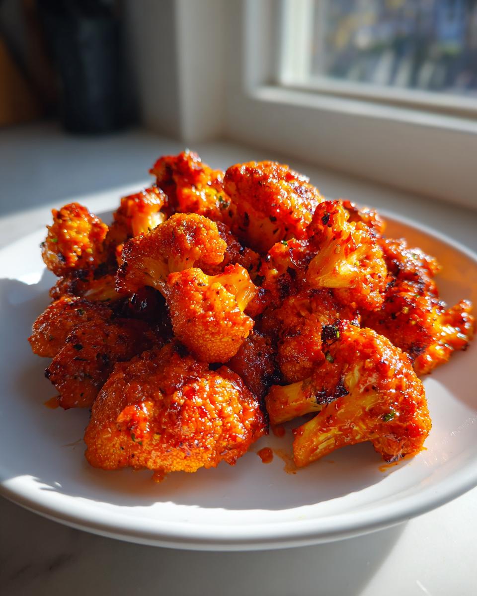 A plate piled high with crispy, bright orange buffalo cauliflower florets catching the sunlight.