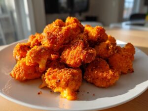 A pile of crispy, bright orange buffalo cauliflower bites served on a white plate, catching the sunlight.