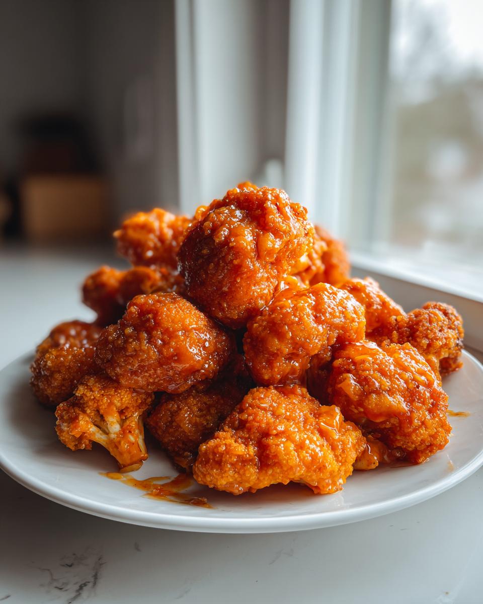 A close-up of a pile of crispy, saucy buffalo cauliflower bites served on a white plate.