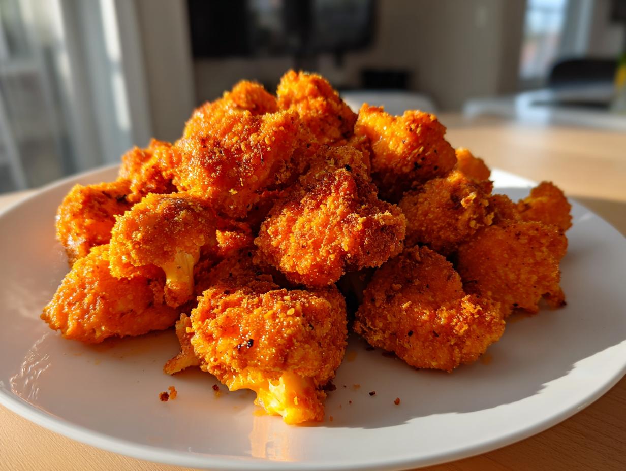 A pile of crispy, bright orange buffalo cauliflower bites served on a white plate, catching the sunlight.