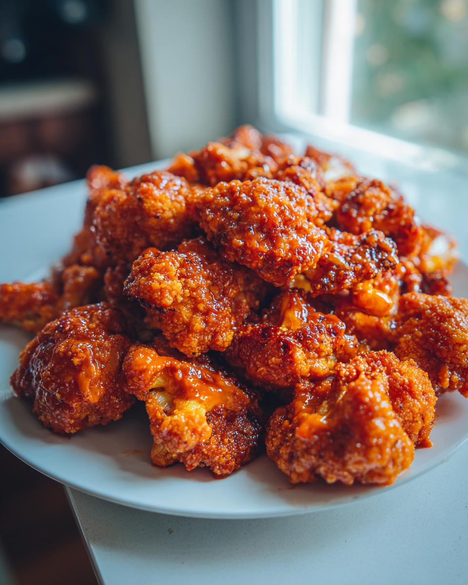 A generous pile of crispy, breaded buffalo cauliflower coated in bright orange sauce on a white plate.