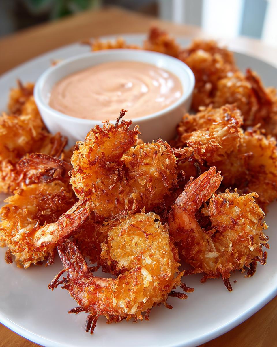 A plate piled high with golden brown, crispy coconut shrimp served with a small bowl of creamy orange dipping sauce.