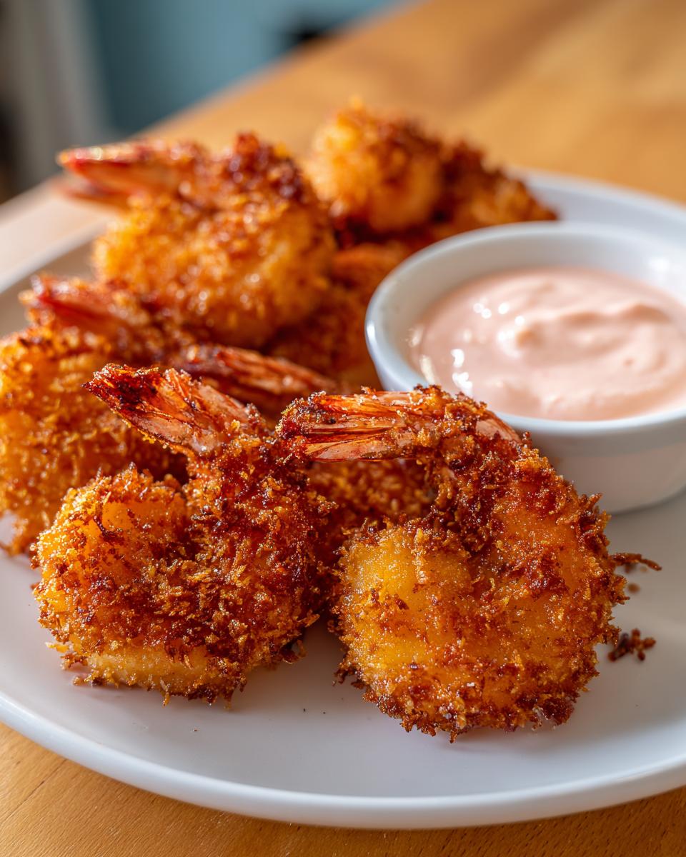 Close-up of golden brown, crispy coconut shrimp served on a white plate with a side of pink dipping sauce.