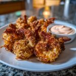 A plate of golden brown, crispy coconut shrimp recipe pieces served with a side of pink dipping sauce.