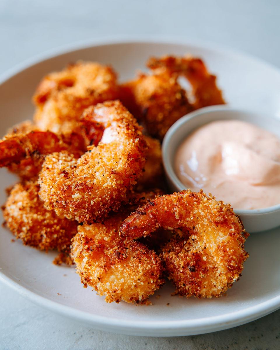 Close-up of golden brown, crispy coconut shrimp served on a white plate next to a small bowl of pink dipping sauce.