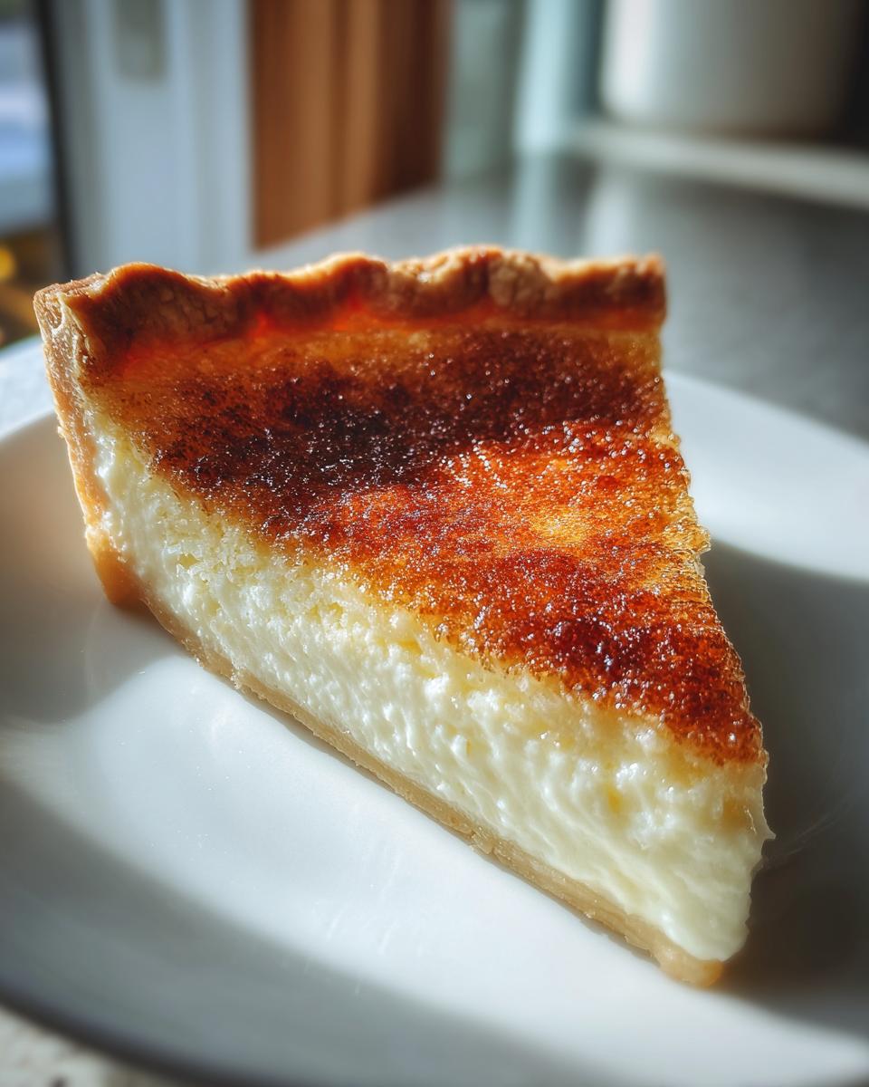 A close-up slice of rich custard pie with a creamy white filling and a deeply caramelized, browned sugar top.