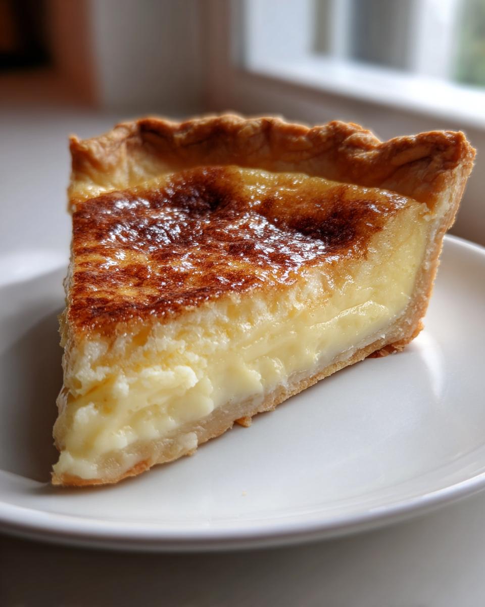 A close-up of a perfect slice of custard pie showing the creamy filling and browned top.