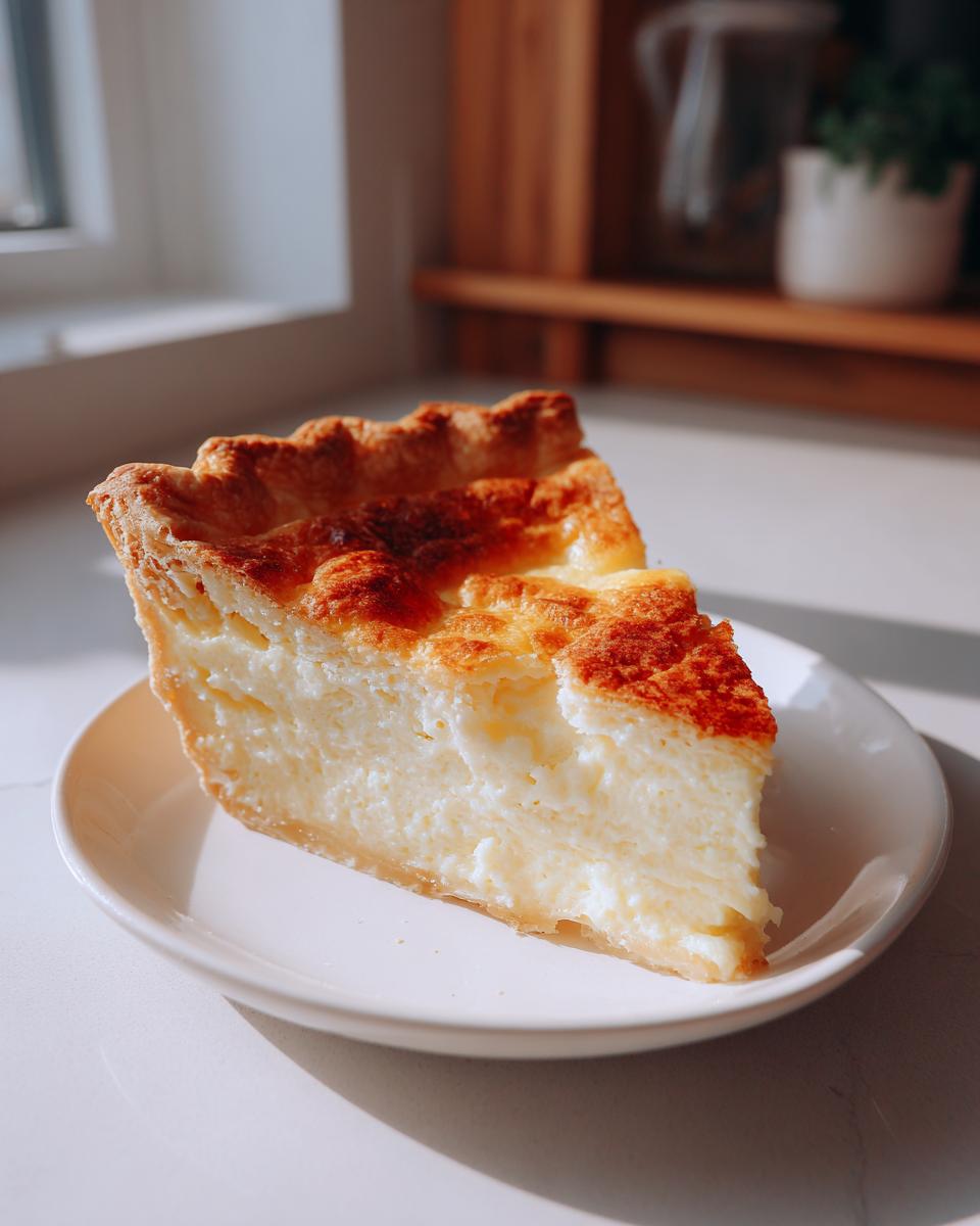 A thick slice of creamy, baked custard pie with a golden-brown top, served on a white plate.