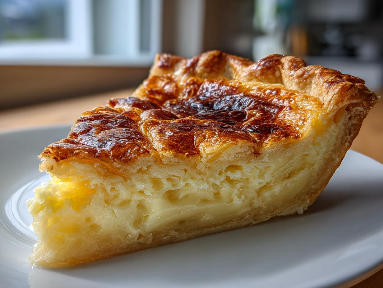 Close-up of a single slice of rich, creamy custard pie with a deeply browned, flaky top crust.