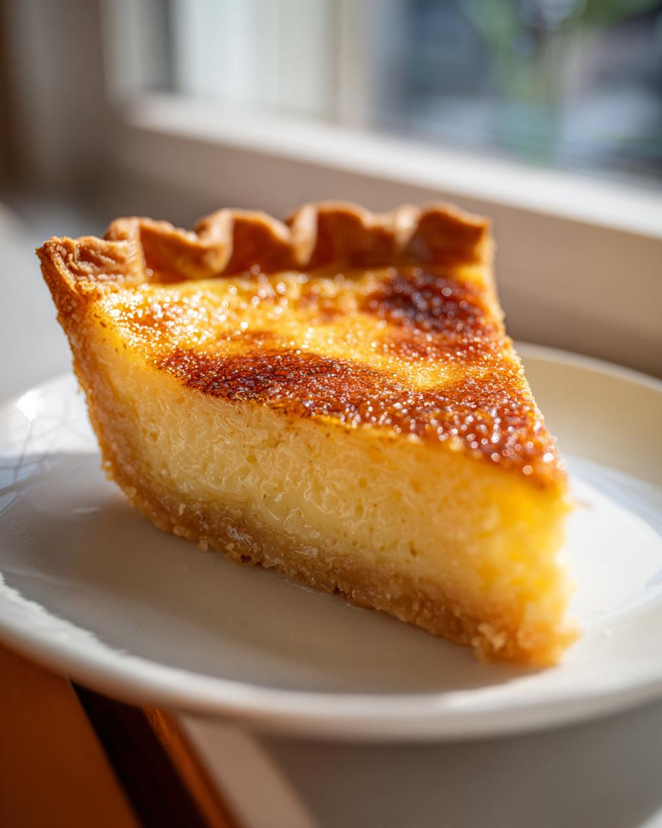 A close-up, sunlit slice of rich, golden custard pie showing a caramelized top.